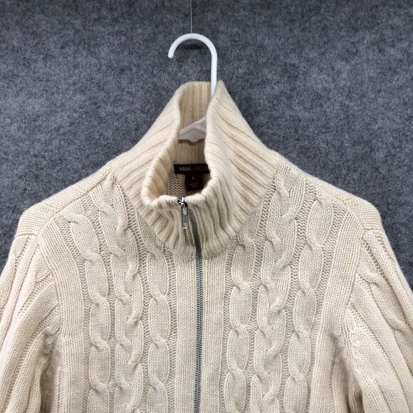 H&M Wool Stretch Cable Knit Zip Sweater Womens L Cream Mock Neck Fisherman - Picture 3 of 8